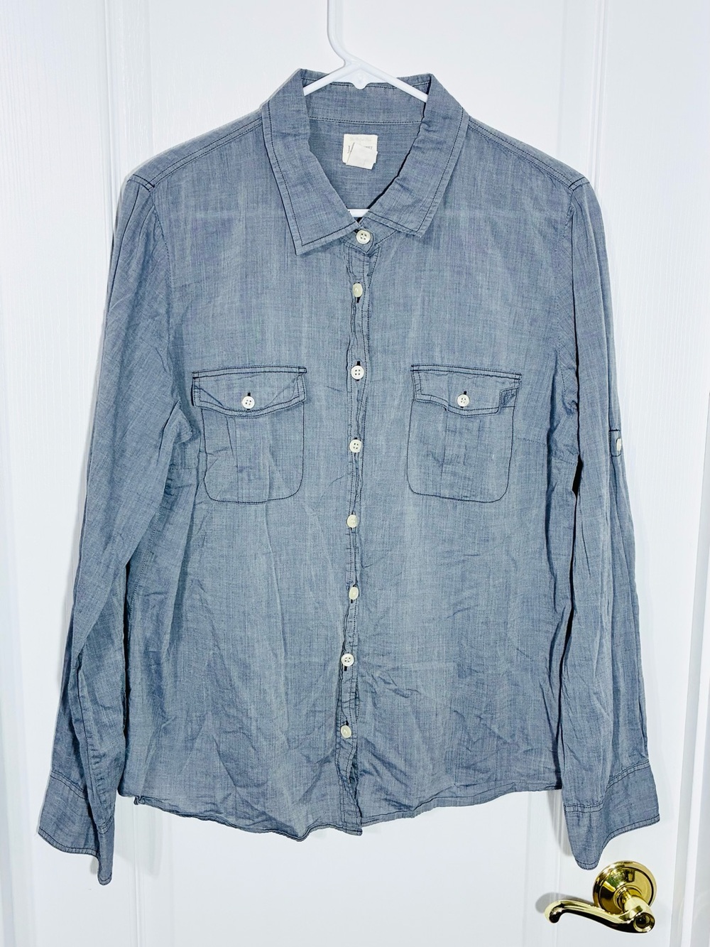 J.Crew Chambray Roll Tab Sleeve Button Front Utility Shirt Blue Size XL